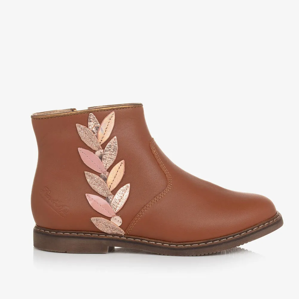 Girls Tan Leather Feather Boots