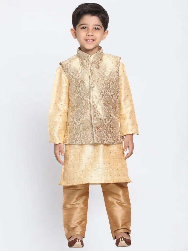 Gold Cotton Silk Blend Kurta, Waistcoat and Pyjama Set for Boys by VASTRAMAY