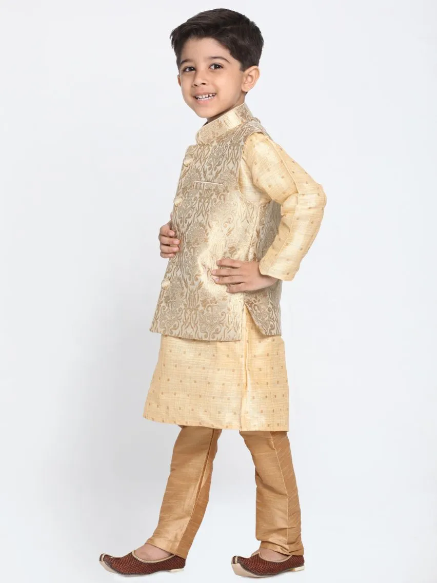 Gold Cotton Silk Blend Kurta, Waistcoat and Pyjama Set for Boys by VASTRAMAY