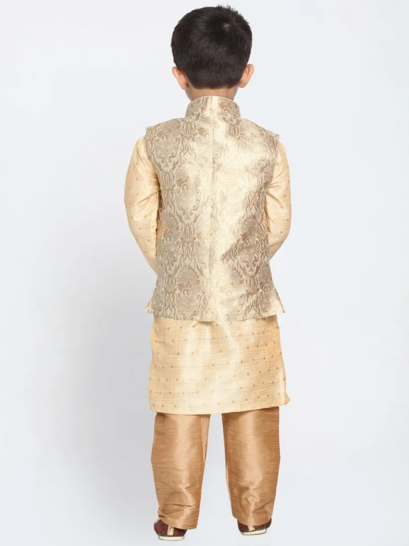 Gold Cotton Silk Blend Kurta, Waistcoat and Pyjama Set for Boys by VASTRAMAY