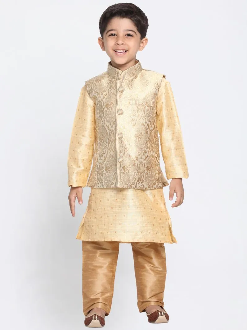 Gold Cotton Silk Blend Kurta, Waistcoat and Pyjama Set for Boys by VASTRAMAY