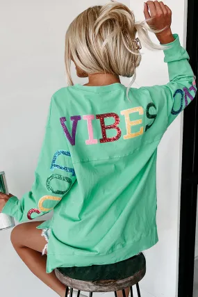 Good Vibes Only Oversized Long Sleeve Sequin Graphic Top (Mint)