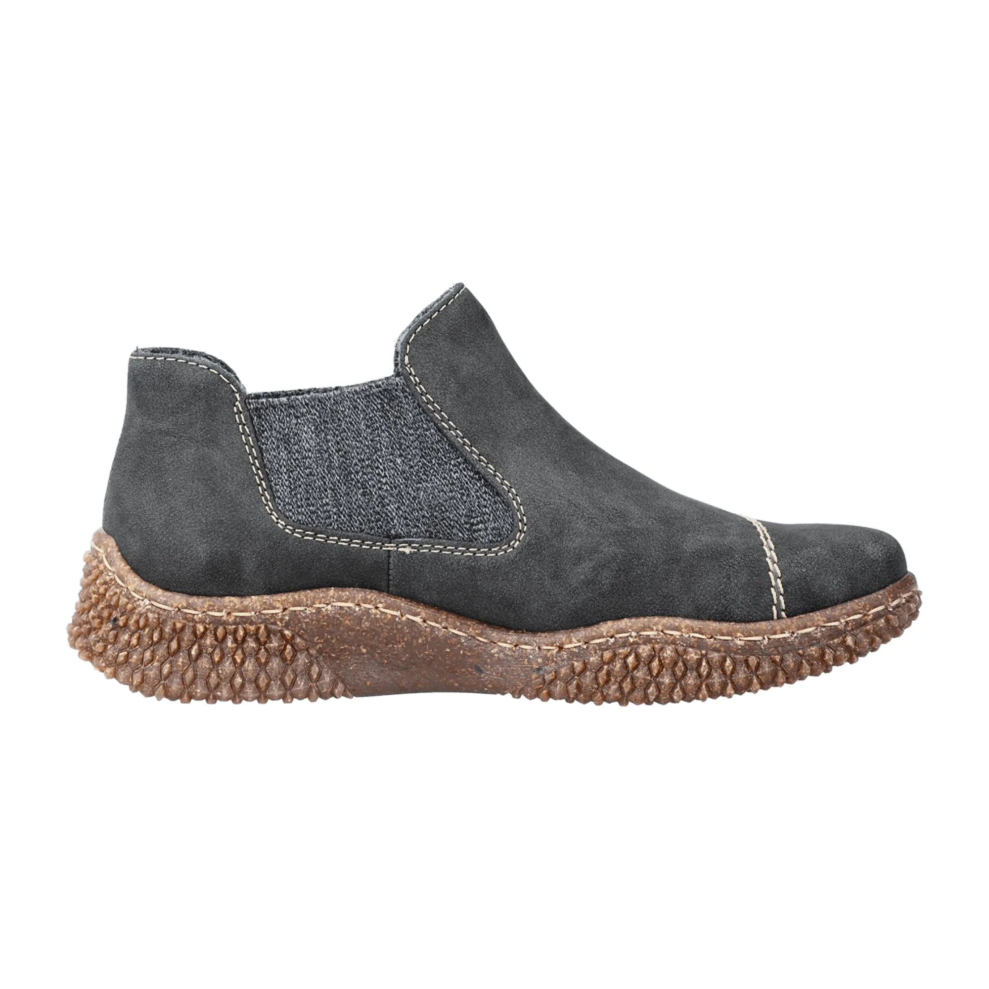 Gray Chelsea Boots for Women with Brown Sole and Red Stitching by Rieker.