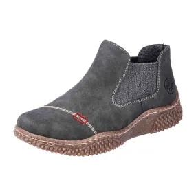 Gray Chelsea Boots for Women with Brown Sole and Red Stitching by Rieker.