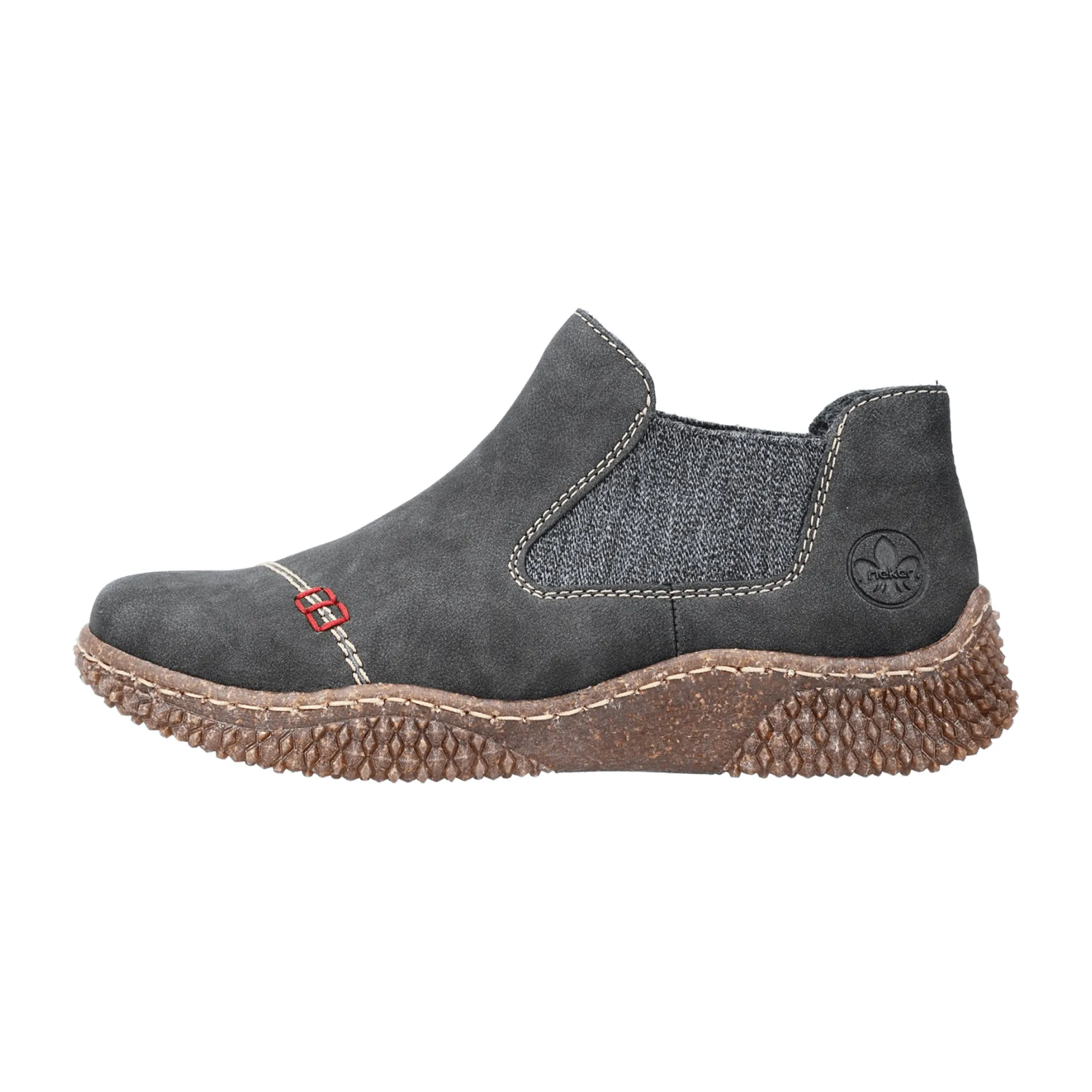 Gray Chelsea Boots for Women with Brown Sole and Red Stitching by Rieker.