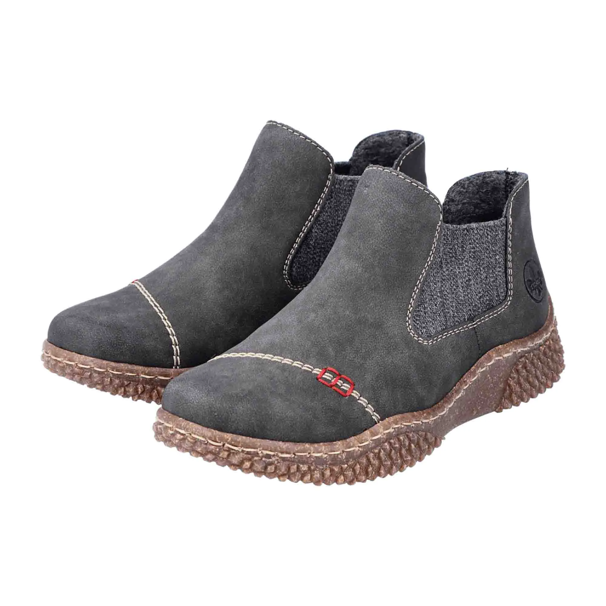 Gray Chelsea Boots for Women with Brown Sole and Red Stitching by Rieker.