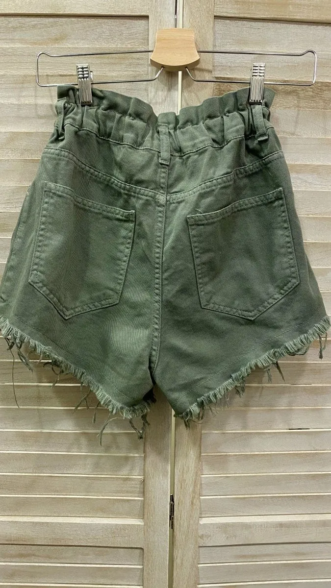 Green Military Style Shorts with Fringe