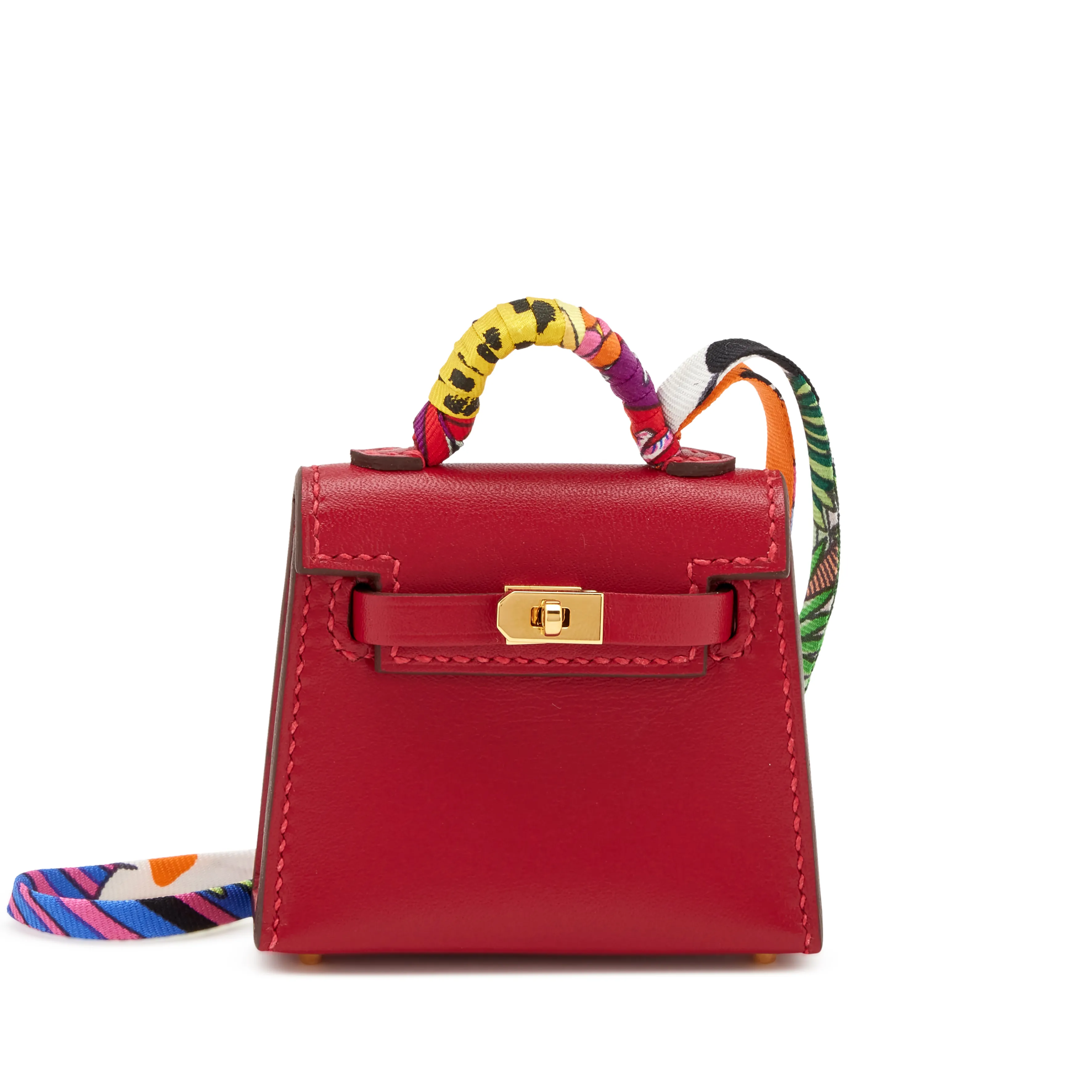 2022 Hermès Rouge Vif Tadelakt Micro Twilly Kelly Bag Charm Gold Hardware