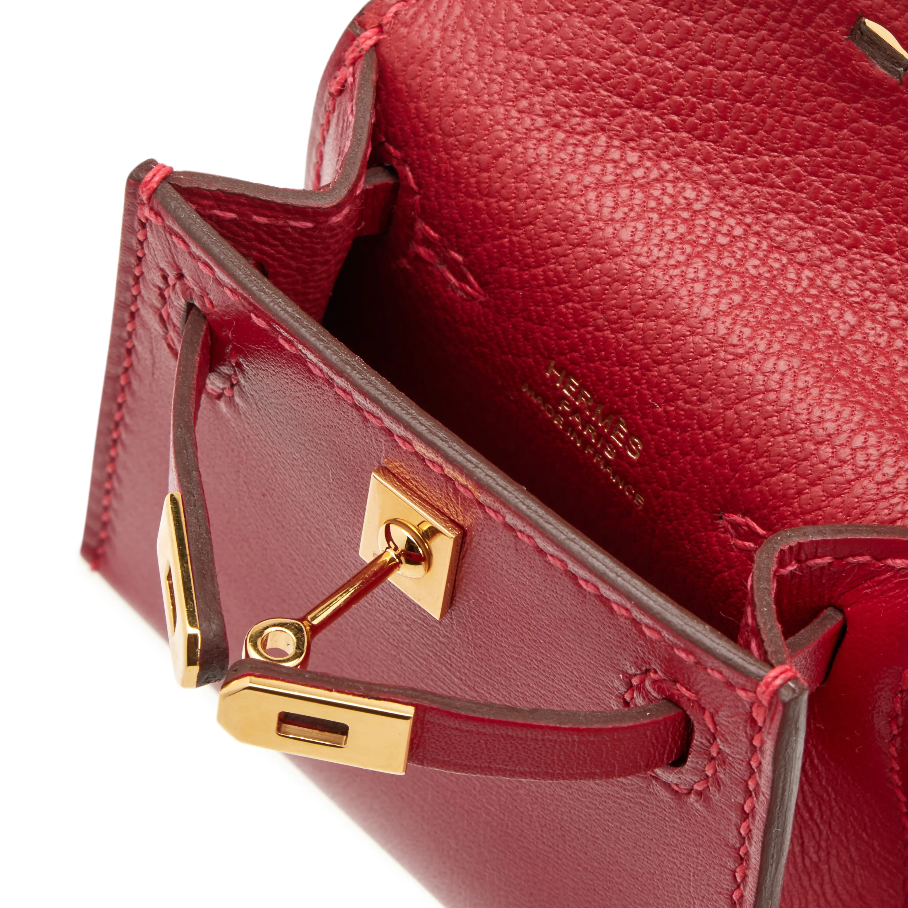 2022 Hermès Rouge Vif Tadelakt Micro Twilly Kelly Bag Charm Gold Hardware