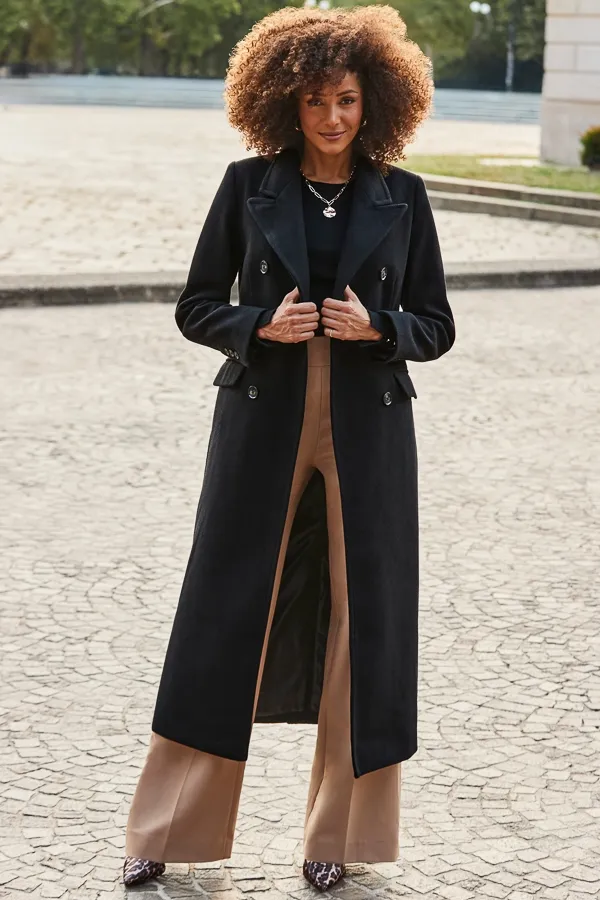 Hourglass Long Winter Coat, Black Double-Breasted Women's Longline Jacket