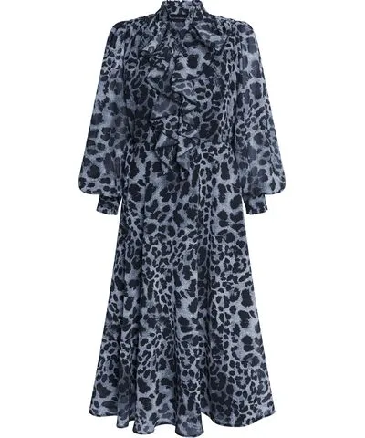 Leopard Print Midi Ruffle Dress in Black for Women by James Lakeland