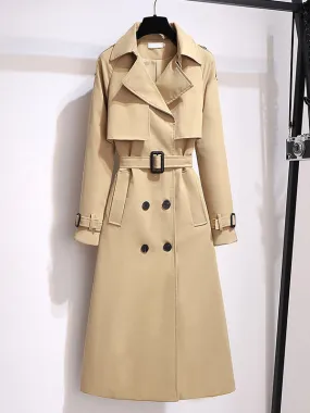 Khaki Woolen Coat with Turndown Collar for Women, Long Sleeve, Casual, Thick