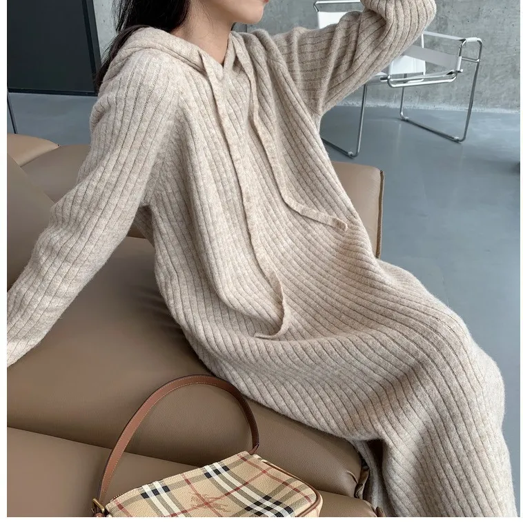 Long-sleeved Dress Autumn Winter Hooded collar LOOSE Sweater Women's Long Over-the-knee Knitted Dress Elegant Women's Sweater Wo