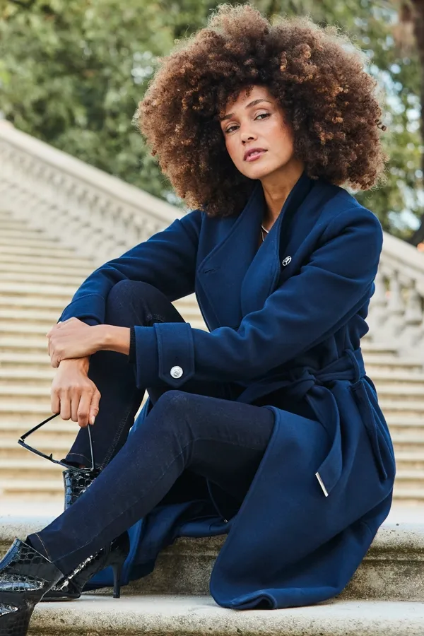 Longline Belted Navy Blue Military Coat