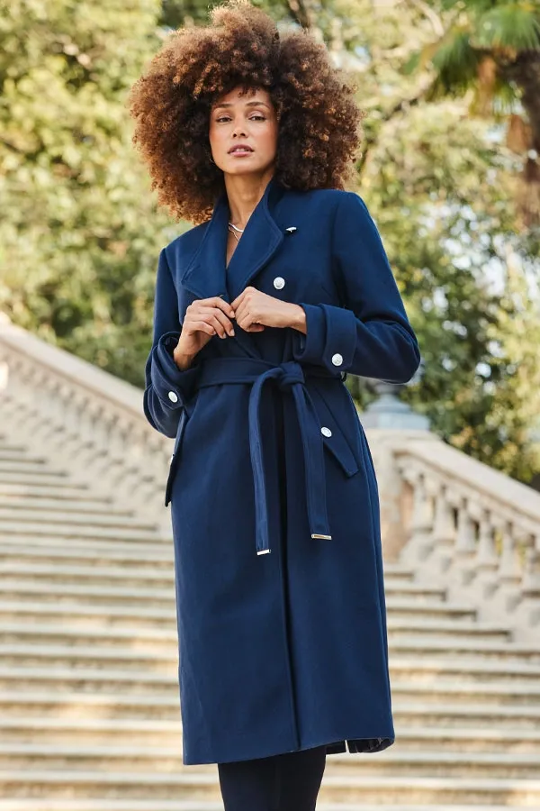 Longline Belted Navy Blue Military Coat