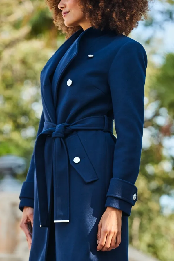 Longline Belted Navy Blue Military Coat