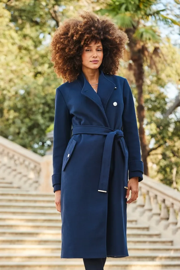 Longline Belted Navy Blue Military Coat