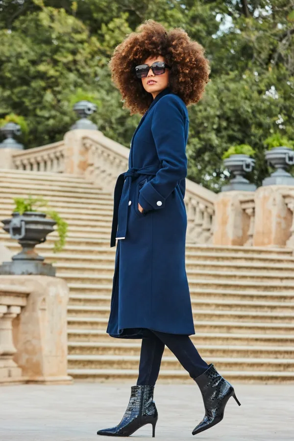 Longline Belted Navy Blue Military Coat