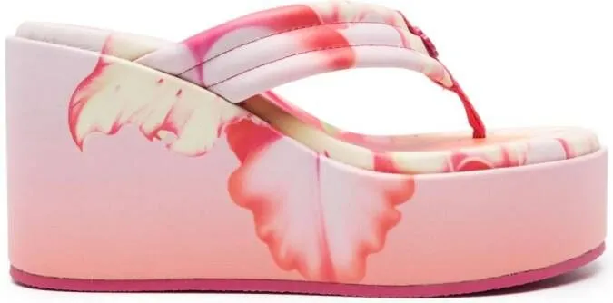 Maje 90mm Floral-Print Leather Wedge Sandals Pink