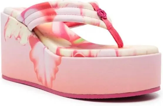 Maje 90mm Floral-Print Leather Wedge Sandals Pink