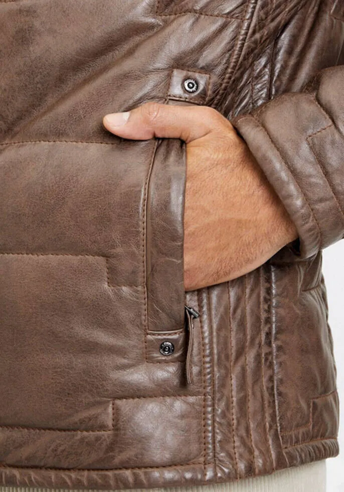 Men's Aplin Style Taupe Leather Down Jacket