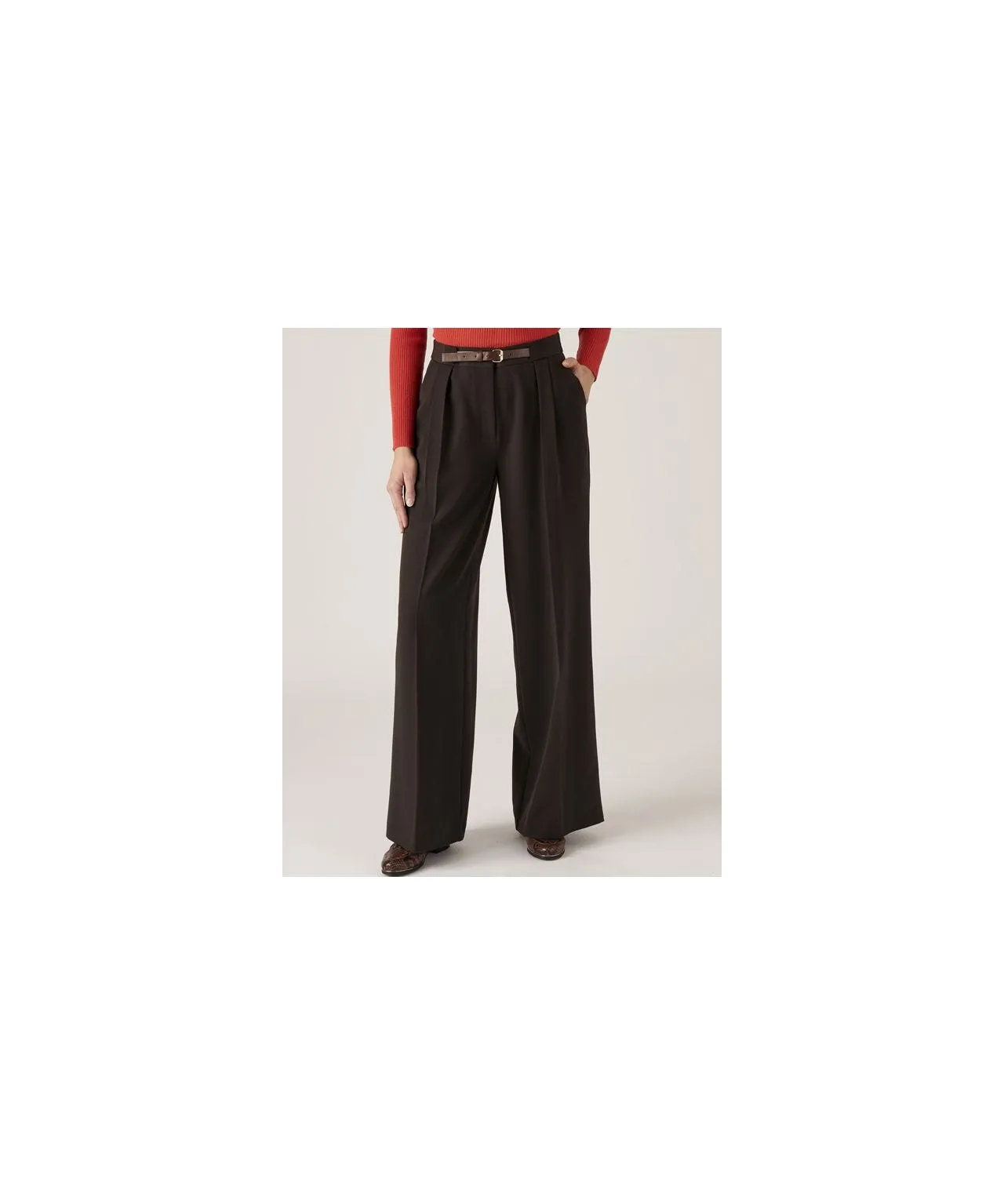 Mock Belt Wide Leg Trousers;