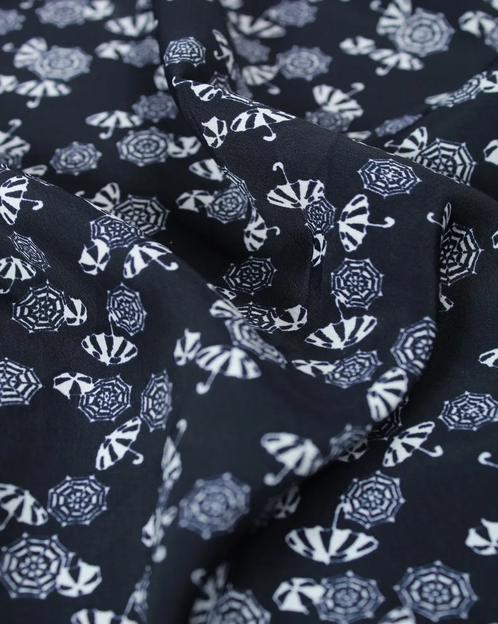 Navy Blue White Umbrella Print Polyester Crepe Fabric