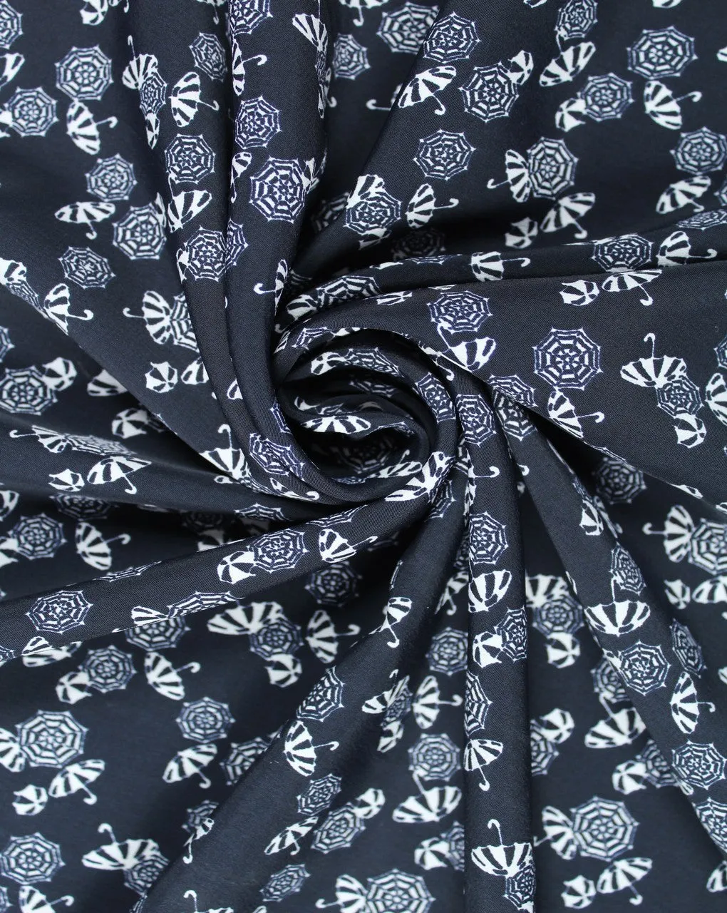 Navy Blue White Umbrella Print Polyester Crepe Fabric