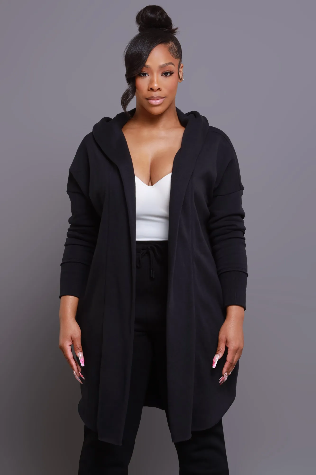 NUW Black Long Hooded Cardigan