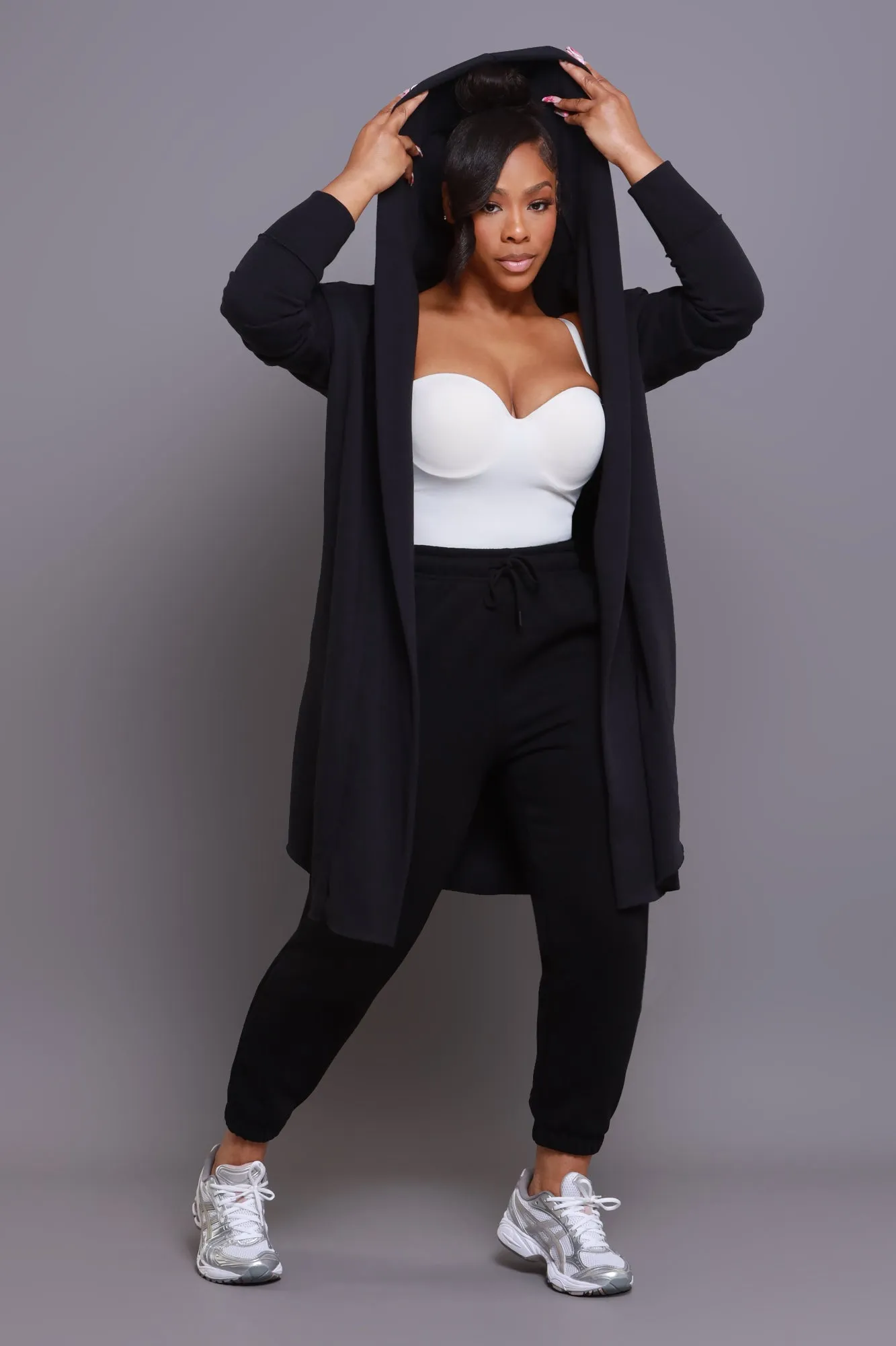 NUW Black Long Hooded Cardigan