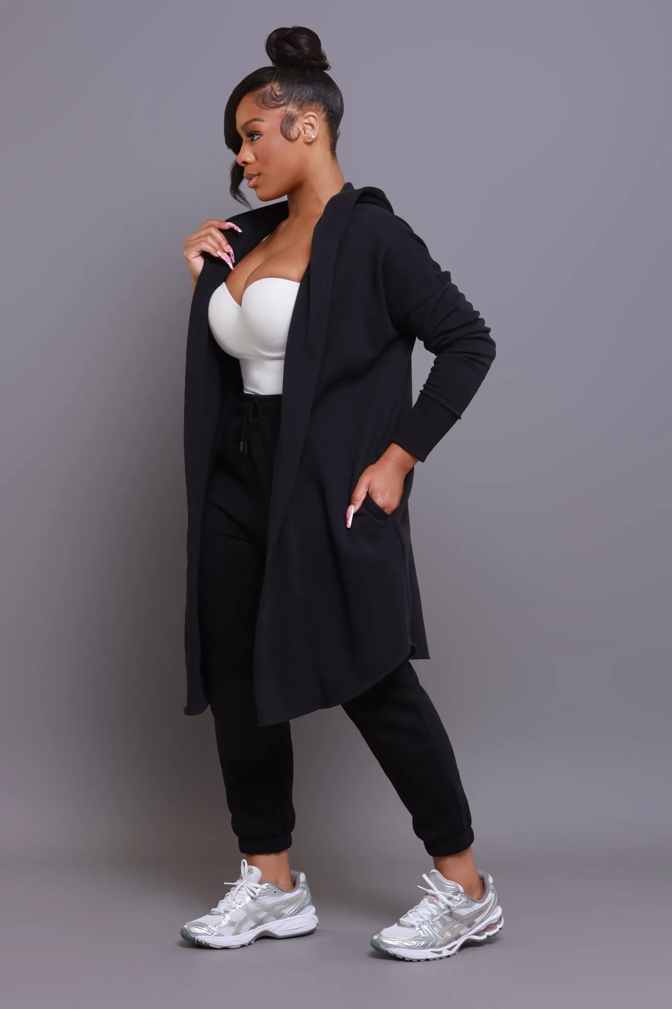 NUW Black Long Hooded Cardigan