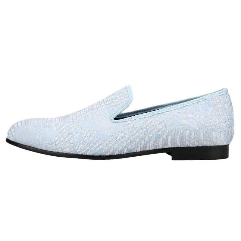 Handmade Sky Blue Flower Print Fabric Men's Loafers for Wedding, Prom, Banquet Party