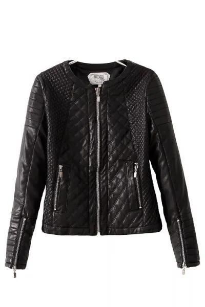 Padded Leather Jacket Women Diagonal Stitched