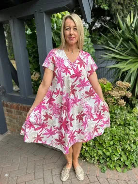 Pink Leaf Print V Neck Dress - Lipstick Multi Print