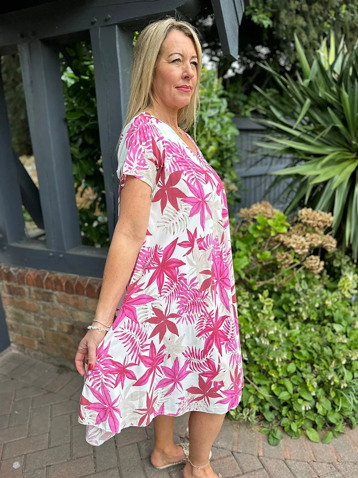 Pink Leaf Print V Neck Dress - Lipstick Multi Print