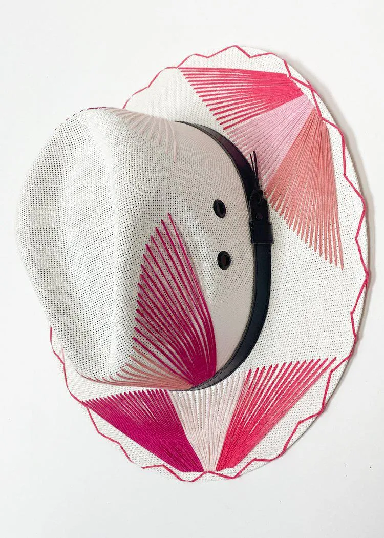 Pink White Hat with Palm Leaf Design