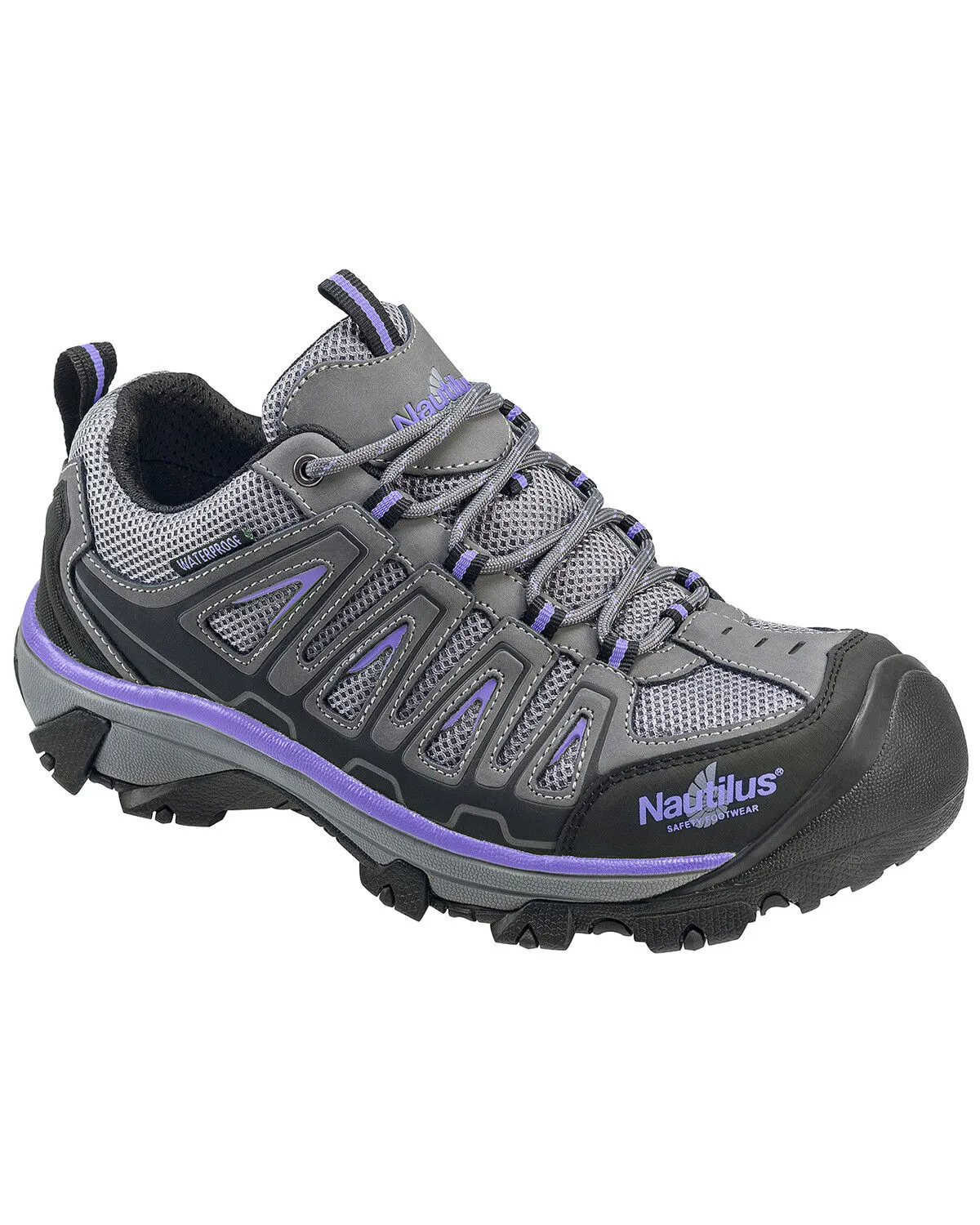 Nautilus Gray and Purple Waterproof Low-Top Work Shoes for Women with Steel Toe