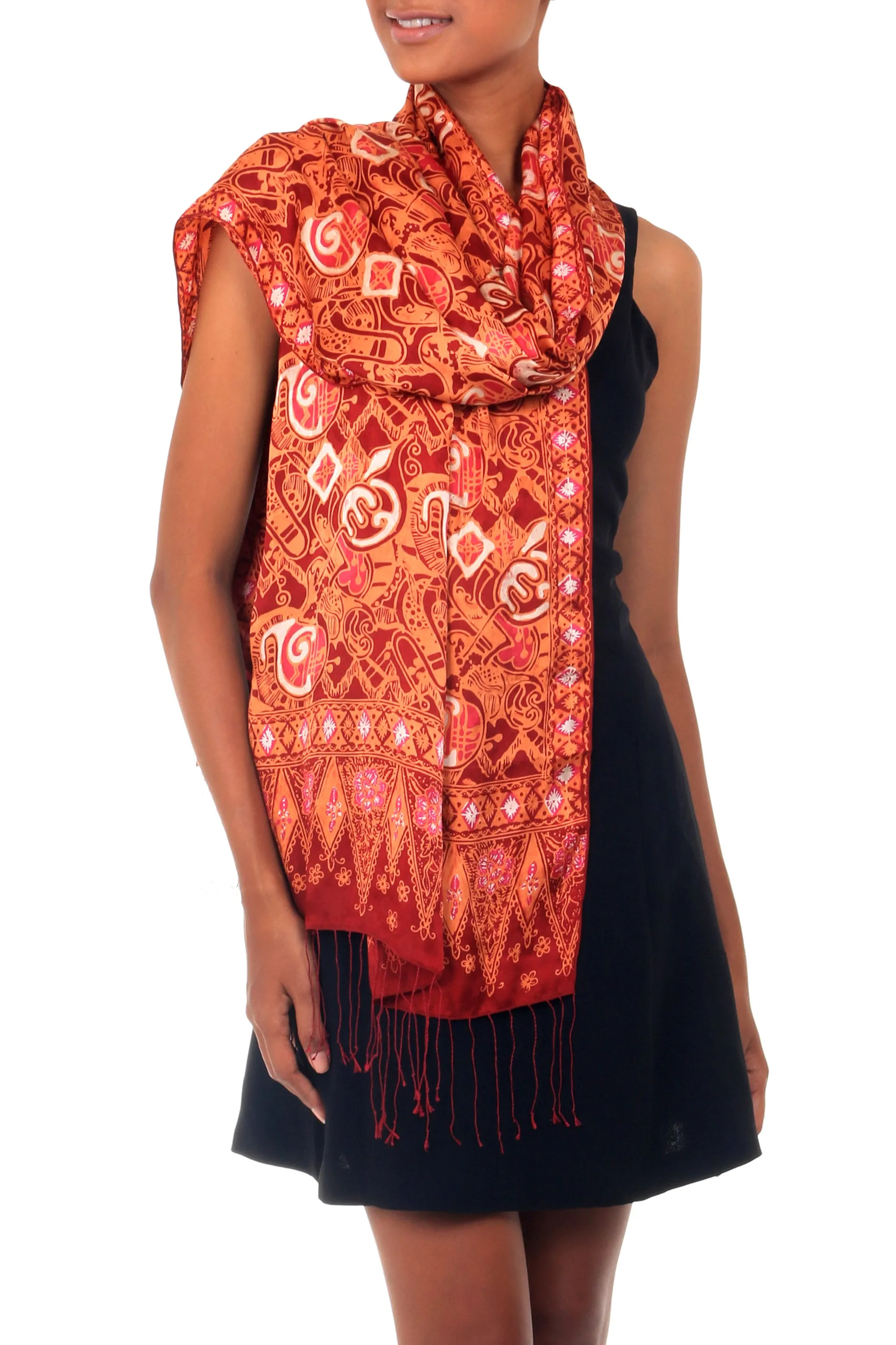 Handcrafted Red Silk Batik Shawl with Contemporary Design