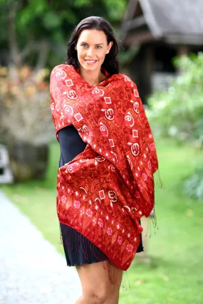 Handcrafted Red Silk Batik Shawl with Contemporary Design