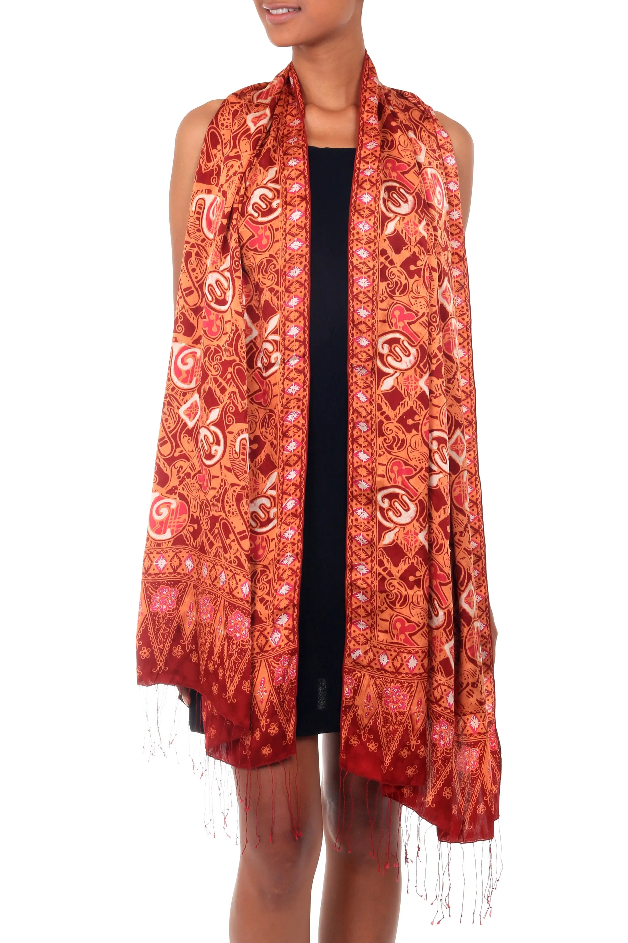 Handcrafted Red Silk Batik Shawl with Contemporary Design