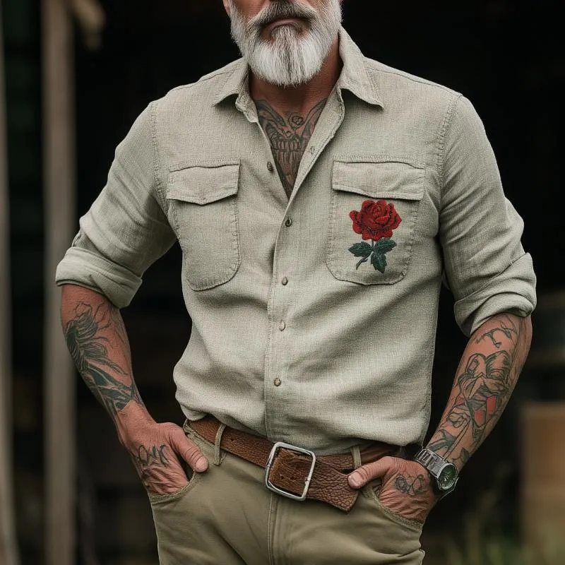 Retro Cowboy Shirt with Embroidered Western Design