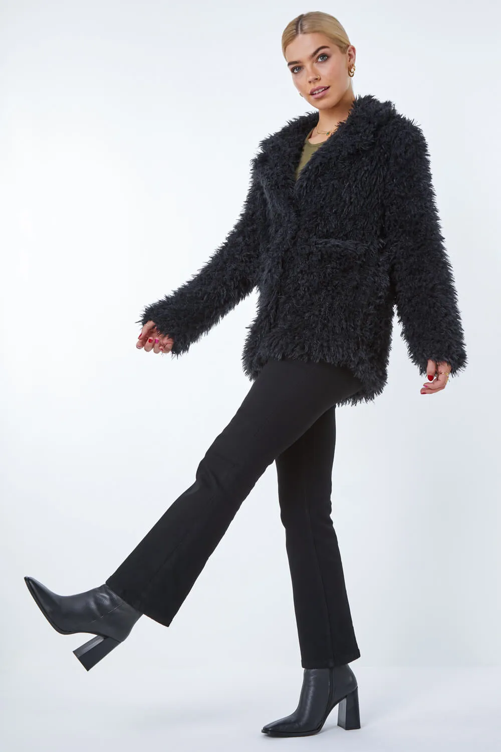 Roman UK Black Fluffy Textured Coat