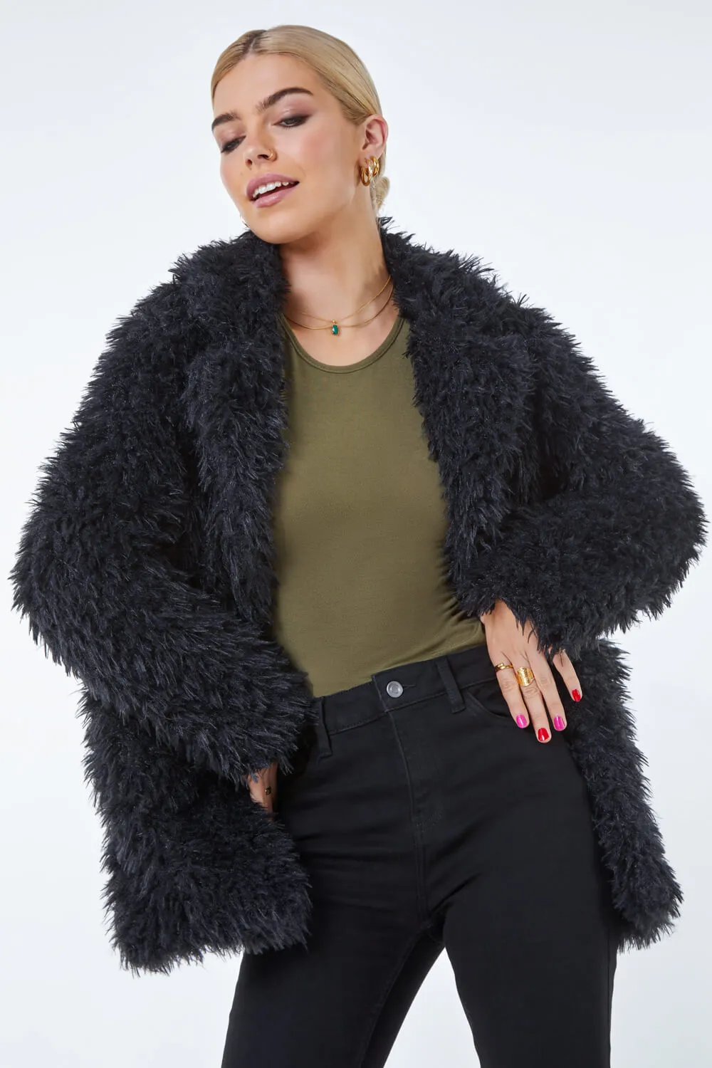 Roman UK Black Fluffy Textured Coat