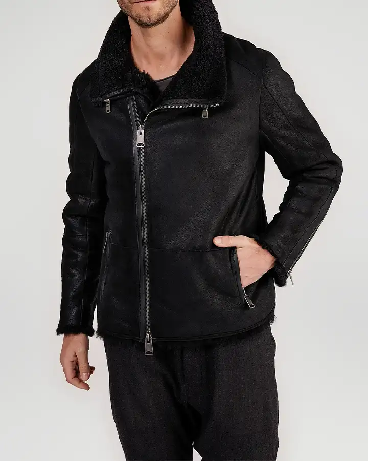 Ryan Black Asymmetrical Zipper Shearling Jacket - William Jacket