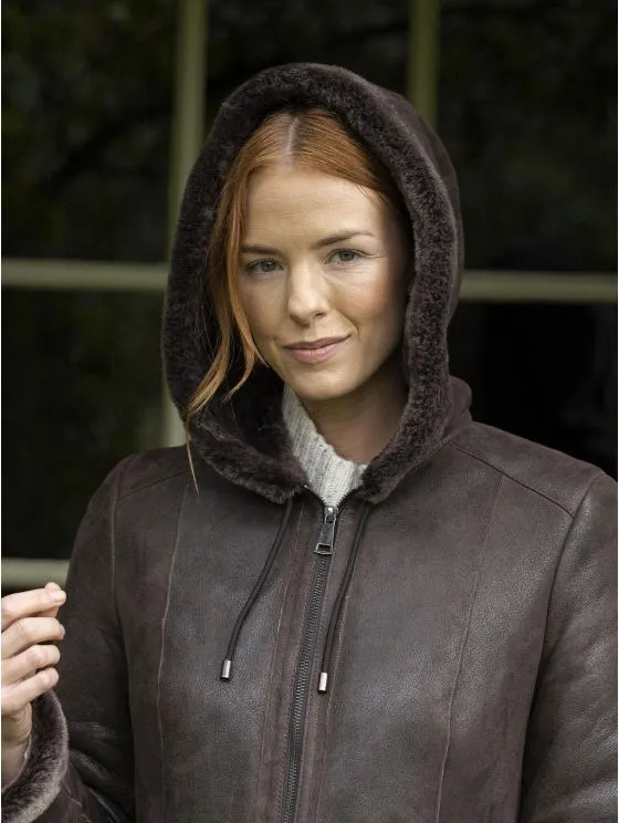 Sheepskin Hooded Coat Plumpton Vole Brown