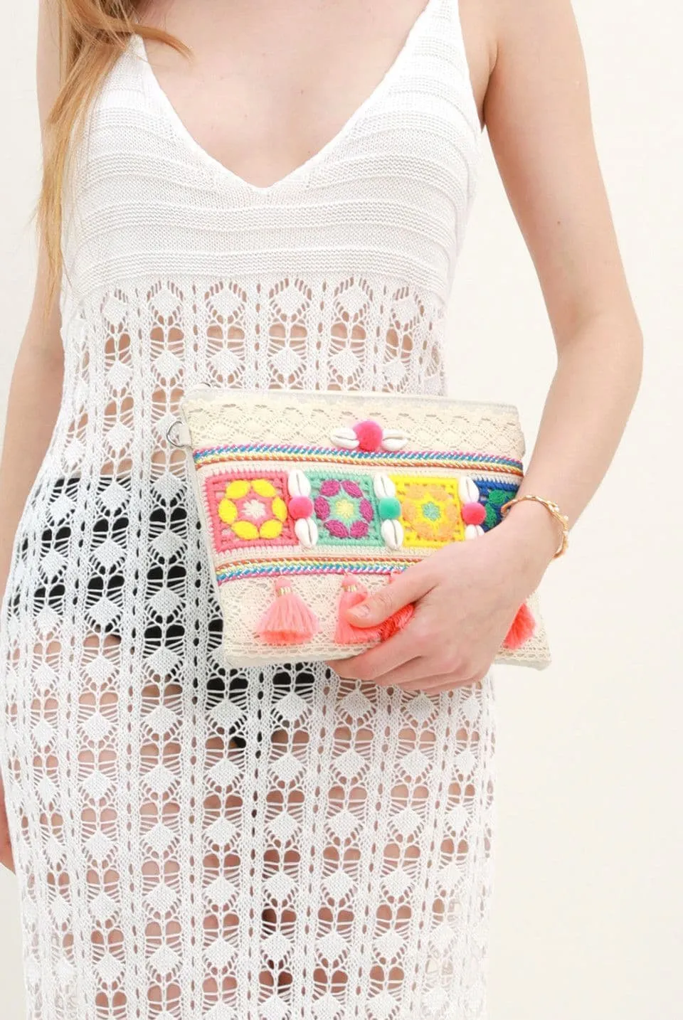 Multicoloured Boho Clutch Bag with Shell And Tassel Design