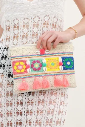 Multicoloured Boho Clutch Bag with Shell And Tassel Design