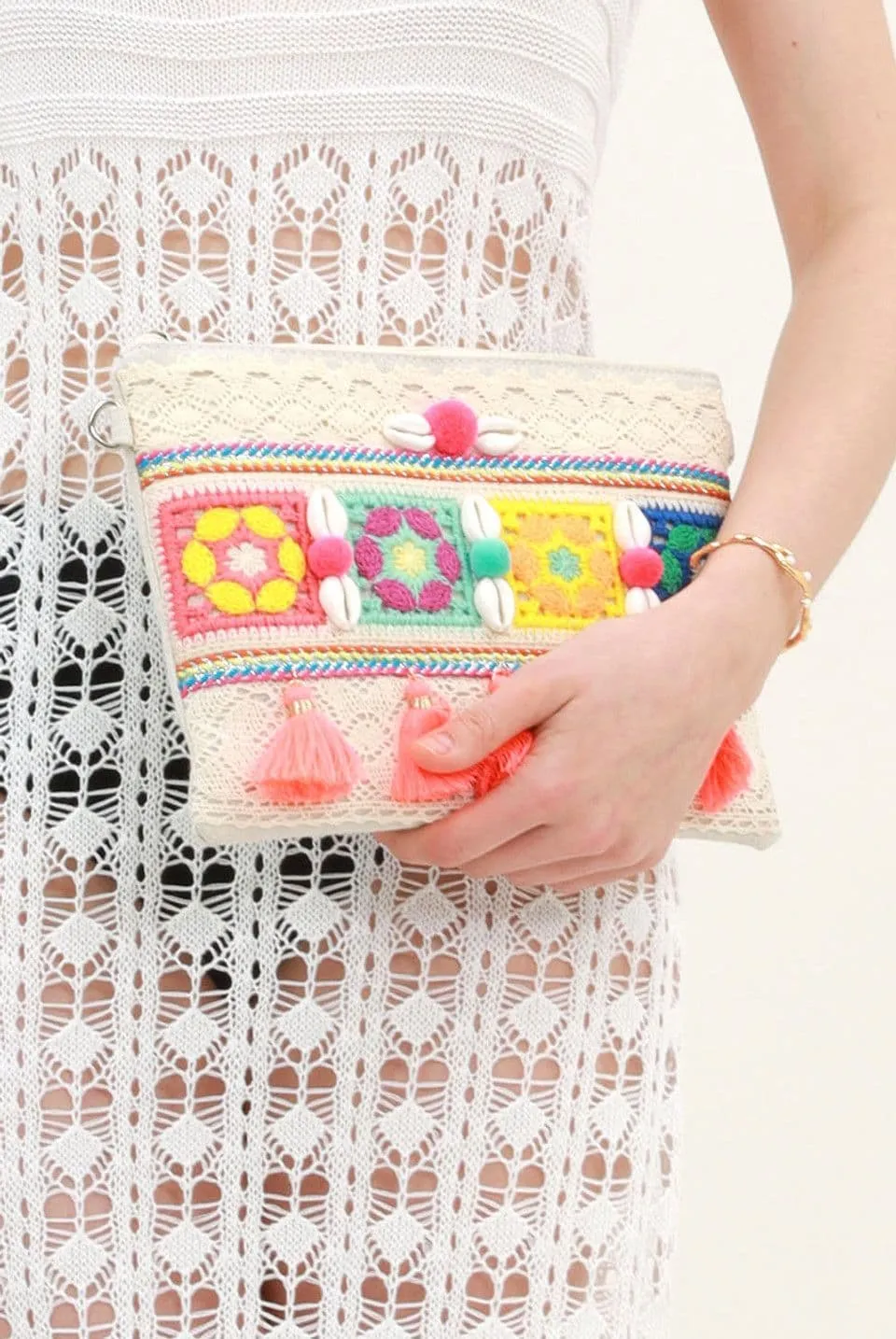 Multicoloured Boho Clutch Bag with Shell And Tassel Design