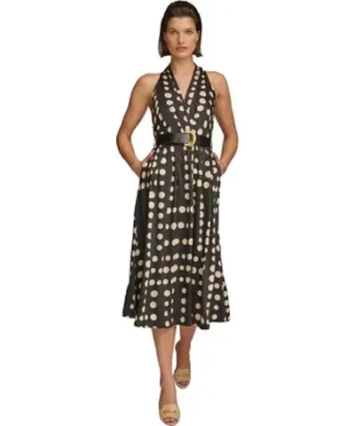 Sleeveless Halter Dot Print Twill Fit and Flare Dress by Donna Karan Women