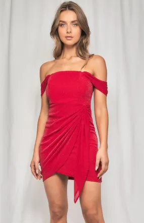 Drape Shoulder Lurex Mini Dress